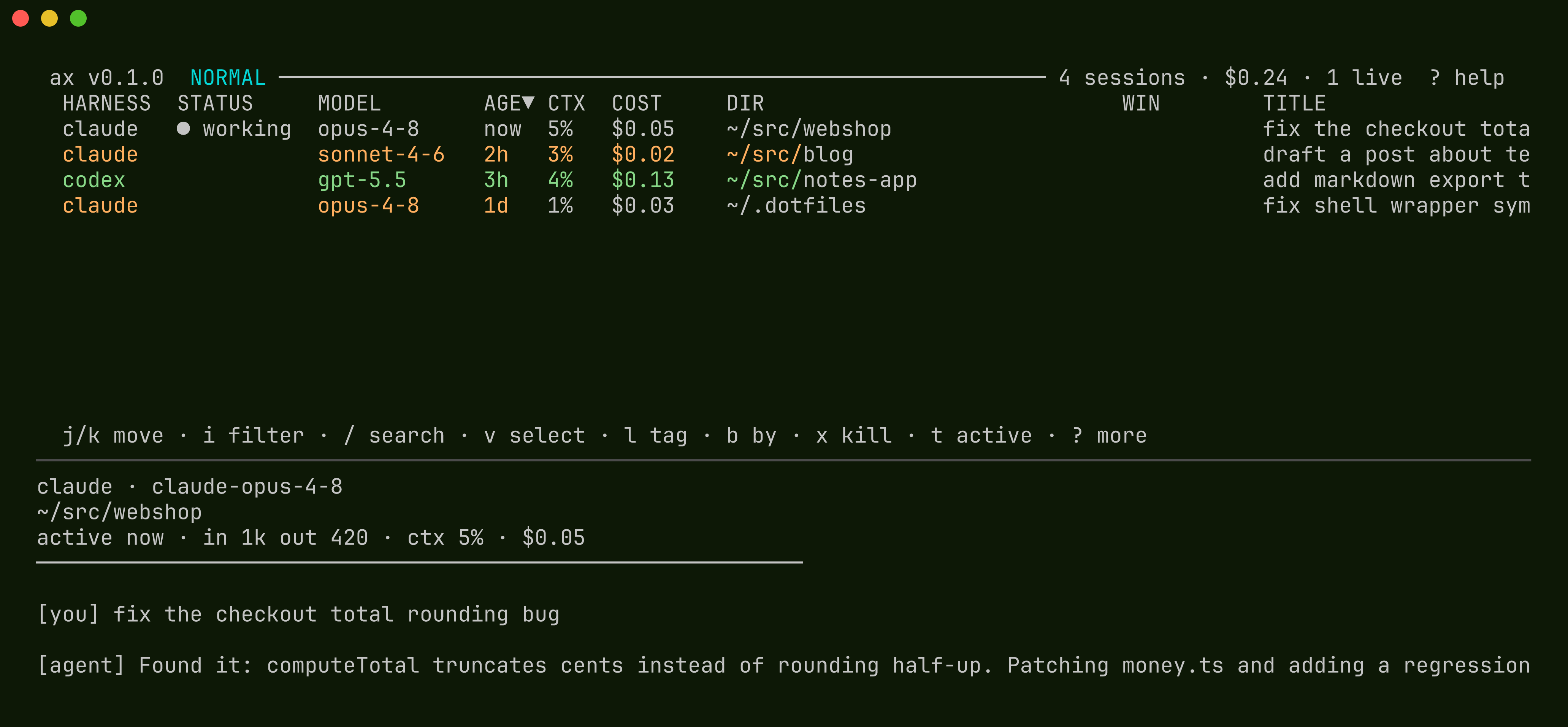the ax picker: a session table with harness, status, model, age, context, cost, directory, and title columns, a key hint row, and a transcript preview of the selected webshop session below
