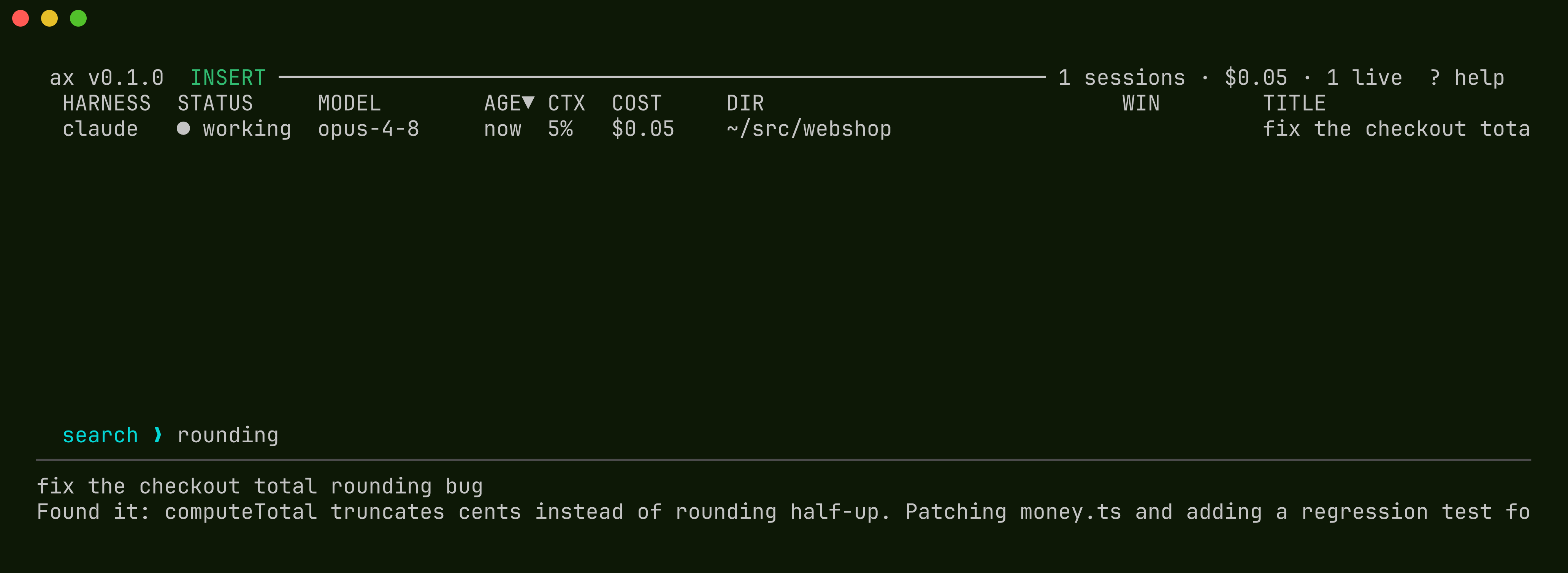 the picker in search mode: the query 'rounding' typed at the search prompt has narrowed the list to the one session whose transcript mentions it, with the matching lines shown in the preview
