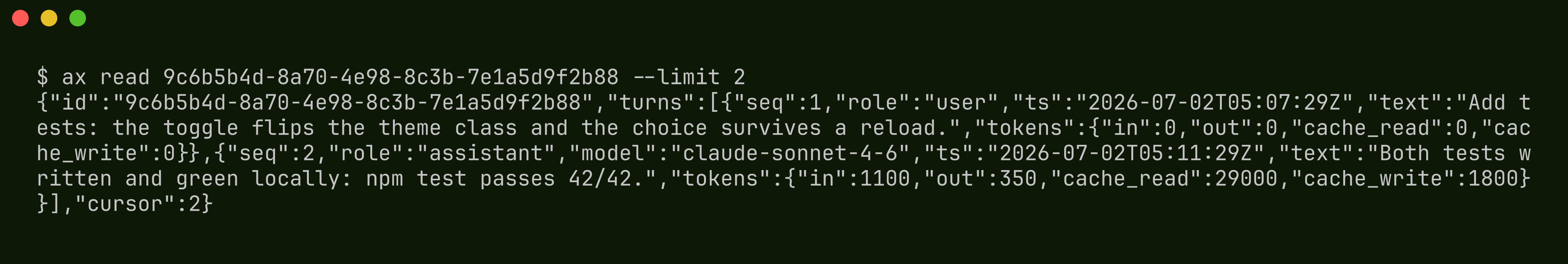 ax read of the tests session with --limit 2: a JSON object with the session id, two normalized turns with role, timestamp, text, and token counts, and a cursor