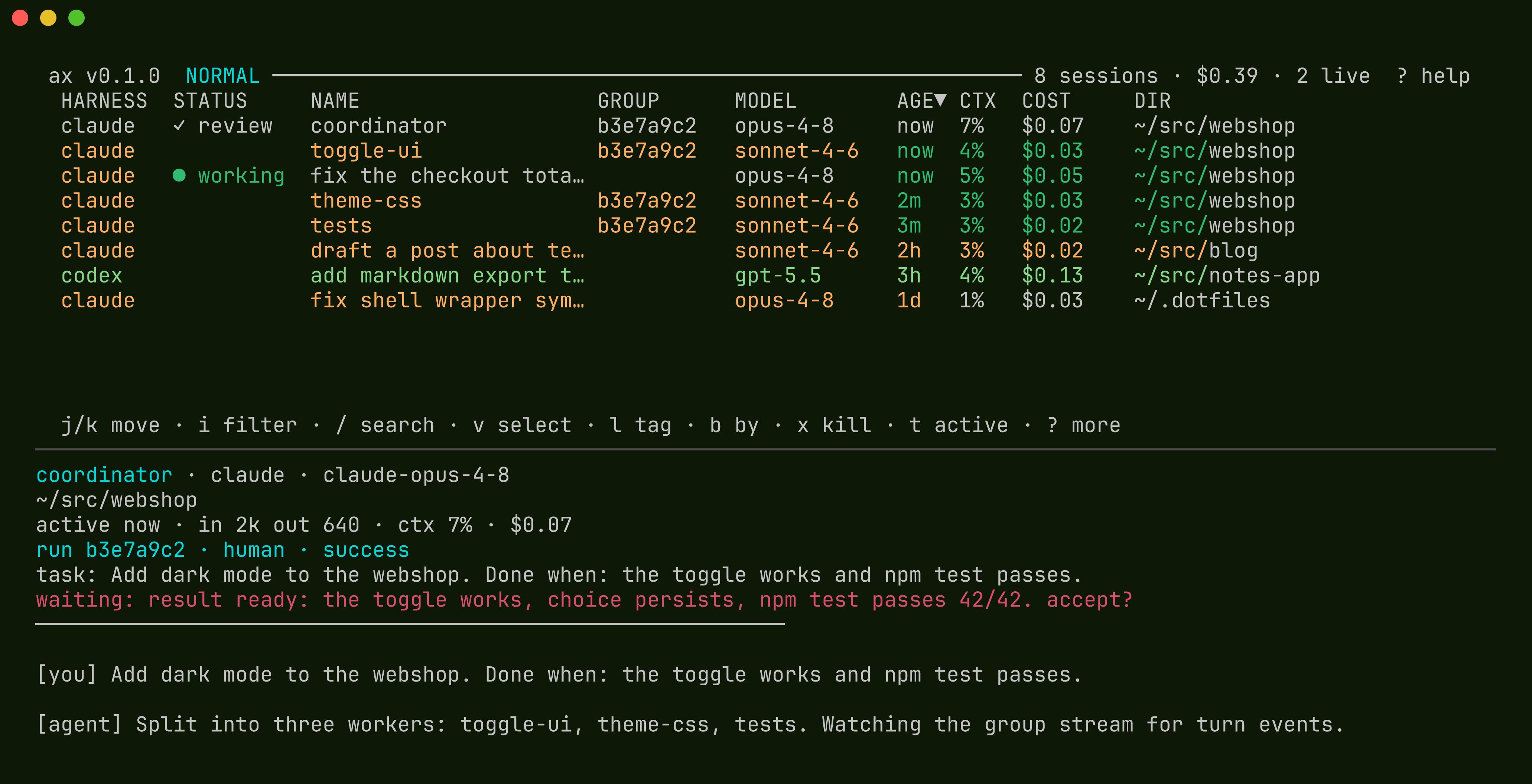 the picker after the run concluded: the coordinator row shows a green '✓ review' status, and the preview shows outcome success with the question 'result ready: the toggle works, choice persists, npm test passes 42/42. accept?'