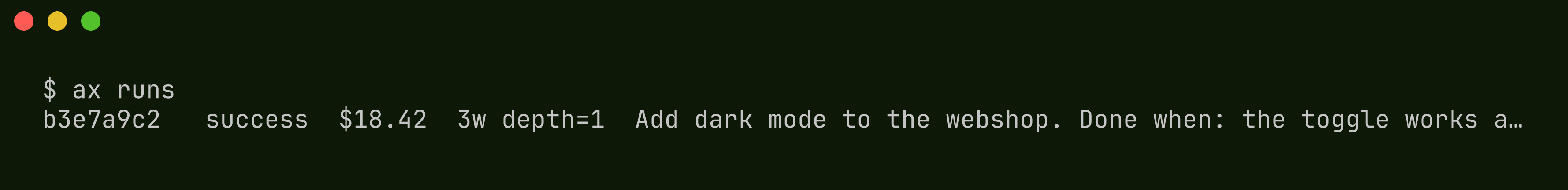 ax runs output: one concluded run record for group b3e7a9c2 with outcome success, cost $18.42, three sessions, depth 1, and the task text