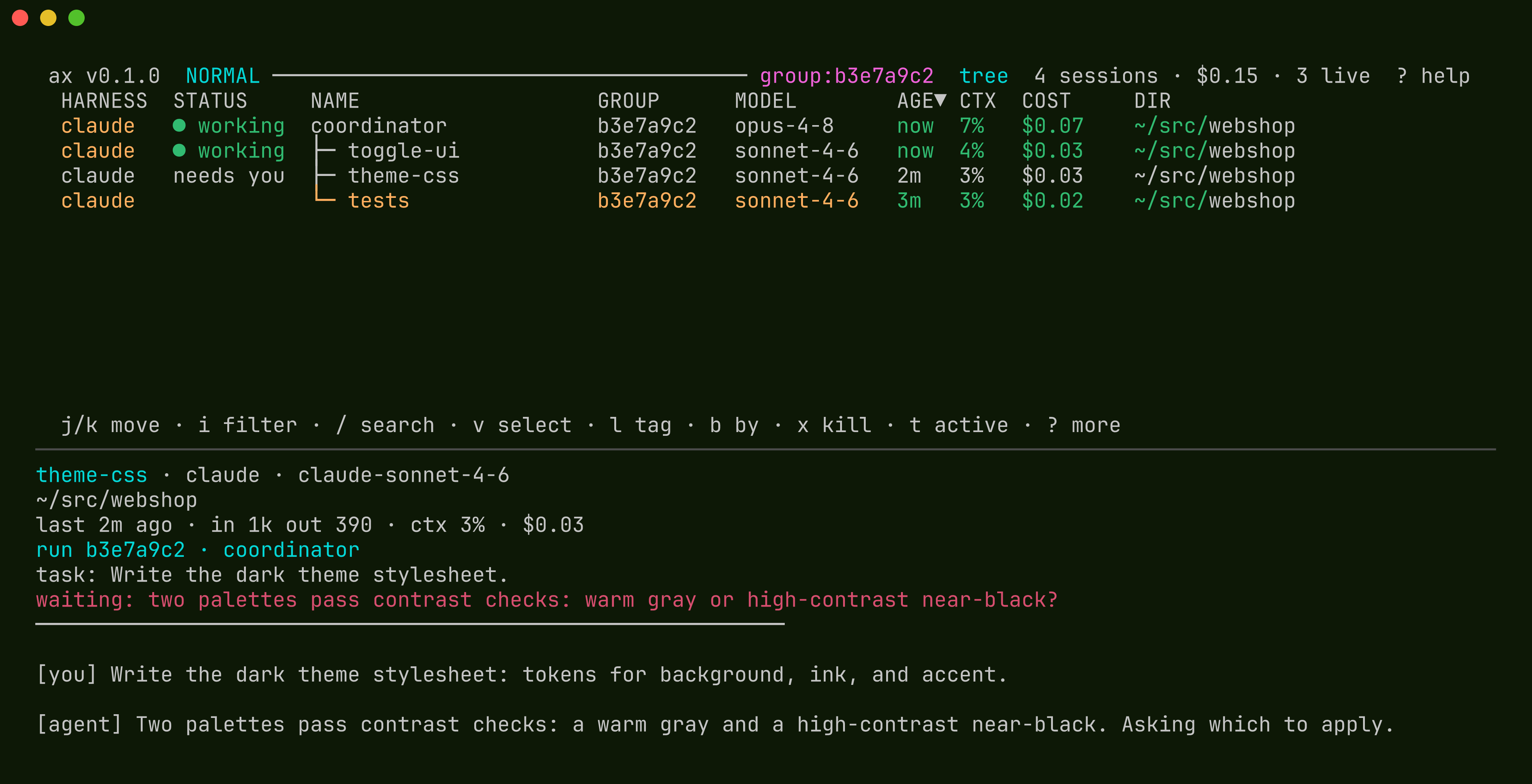 the picker in run-tree mode filtered to group b3e7a9c2: the coordinator at the root with three indented sessions, theme-css marked red 'needs you', and its pending question shown in the preview pane